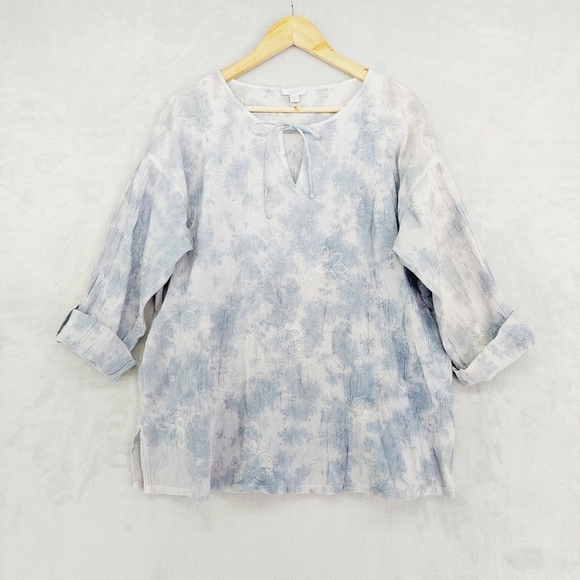 J Jill Blue Tie Dye Embroidered Long Sleeve Drawstring Blouse P1886 - Picture 1 of 6